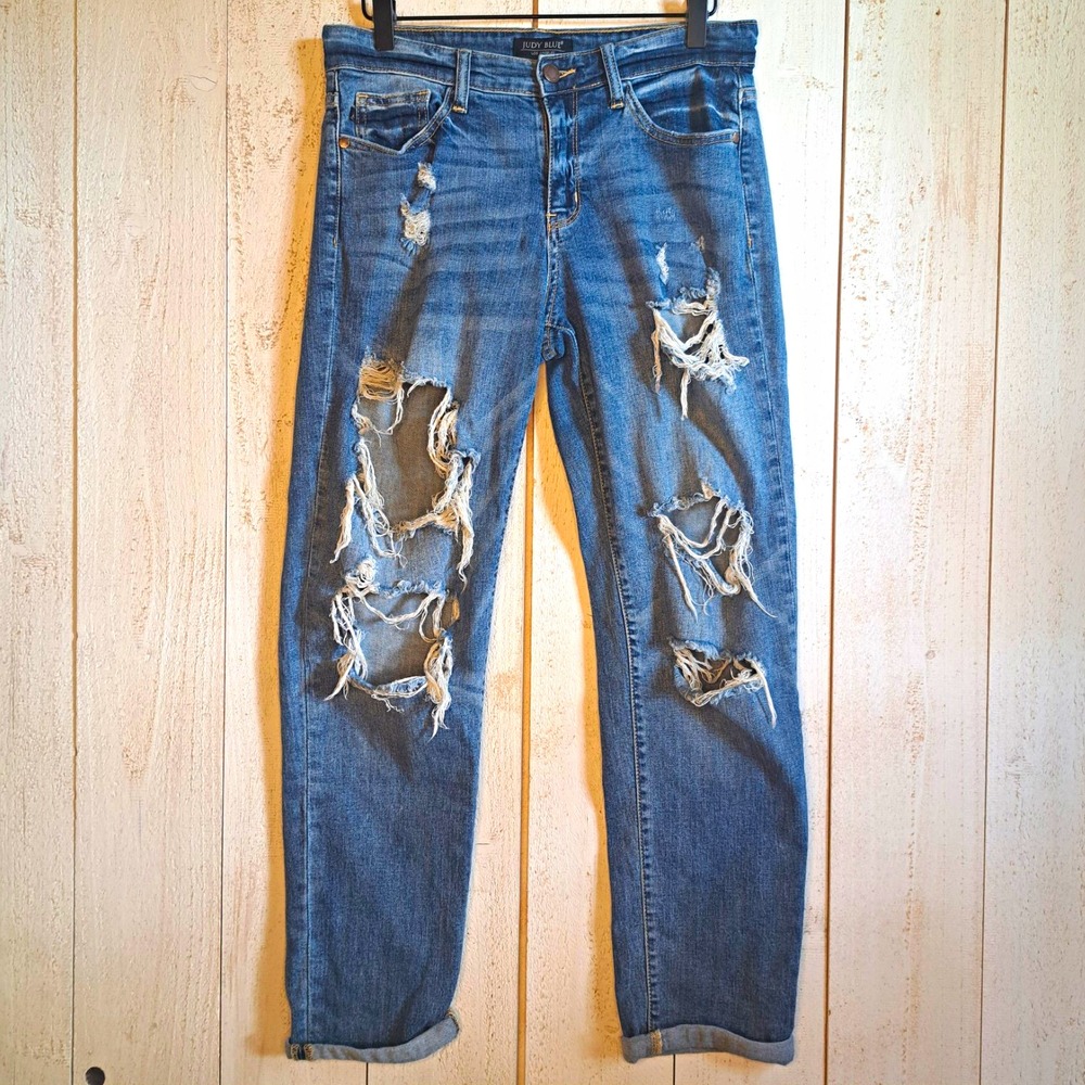 Judy Blue 90's Vibes Grunge Streetwear Boyfriend Shredded Jeans Med Wash W 7/28